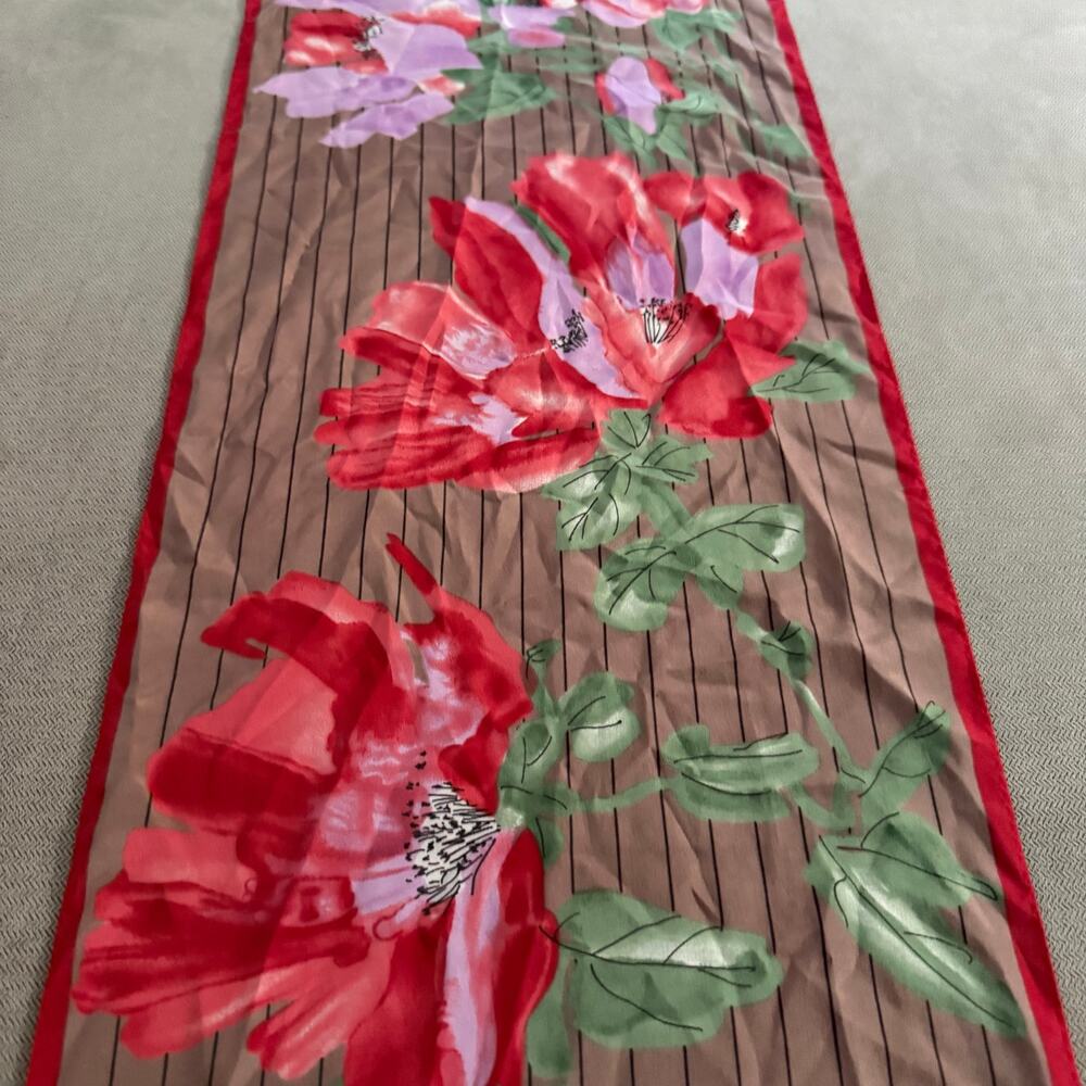 Vintage Teresa Viva Floral Oblong Scarf Red Pink Flowers Made in Japan 44" x 5"